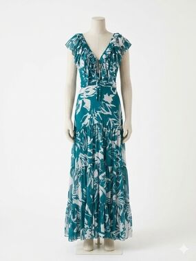 Andres Otalora Pueblo Magico Teal And White Abstract Floral Ruffle Maxi Dress 4